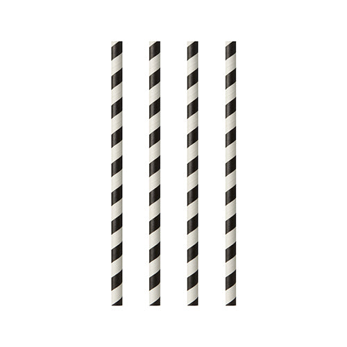 Four PAPSTAR GmbH paper straws, from the set "25 straws, Ø 6 mm · 20 cm black/white stripes", are arranged vertically and evenly on a white background with a stripe pattern.