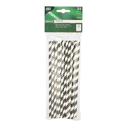 A transparent plastic packaging contains 25 paper straws (Ø 6 mm, 20 cm) from PAPSTAR GmbH, black/white striped, with the label "biodegradable". The top label lists product details; the eco-friendly straws are visible through the packaging.