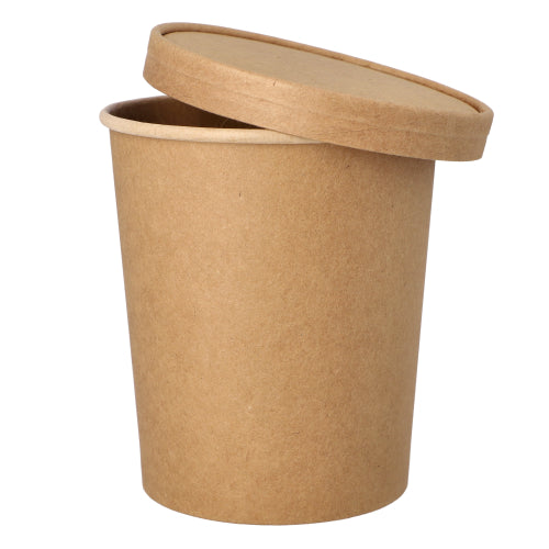 Ein PAPSTAR 25 Suppenbecher aus brauner, unbeschichteter Pappe (940 ml, Ø11,5 cm · 13 cm) mit passendem Deckel. Beide sind umweltfreundlich und recycelbar und verleihen dem Set einen natürlichen Look.