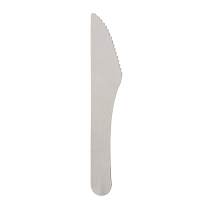 Un cuchillo "pure" (15,8 cm, blanco) ecológico y estable de PAPSTAR GmbH hecho de madera con un mango plano y un borde ligeramente dentado, presentado sobre un fondo blanco. Unidad de embalaje: 100 piezas en caja plegable.