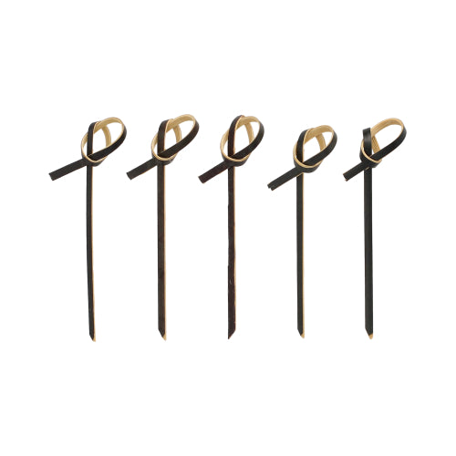 Fünf PAPSTAR 250 Fingerfood - Picker der PAPSTAR GmbH in Schwarz mit hellbraunen Schleifenakzenten an der Oberseite, in einer Reihe auf weißem Hintergrund angeordnet.