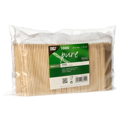 1.000 stykker PAPSTAR fingerfood-spyd av tre "pure" (Ø 3 mm, 10 cm) fra PAPSTAR GmbH av klar plast med grønn-hvitt etikett, ideelt for gastronomi.