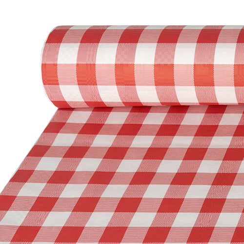 A roll of PAPSTAR GmbH red paper tablecloth with damask embossing, Vichy check design (1 roll), partially unrolled, is ideal for bringing classic red and white charm to any set table.