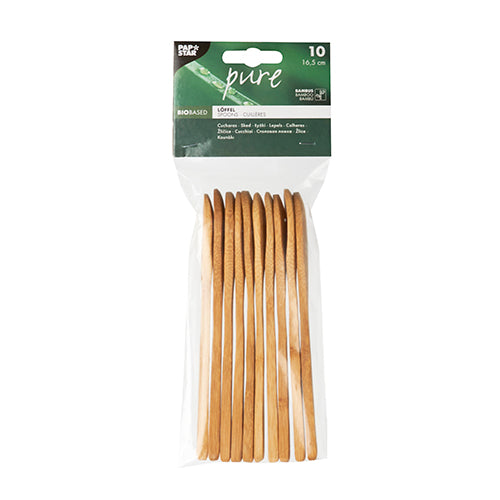 Una bolsa con 10 PAPSTAR cucharas de bambú "pure", cada una de 16,5 cm, ecológicas y estables, en color marrón claro con una etiqueta verde y blanca de PAPSTAR GmbH.