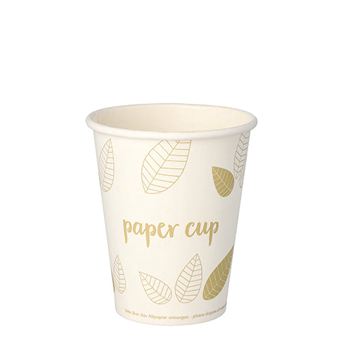 A PAPSTAR GmbH 50 drinking cups, cardboard "pure" "ZERO", white with gold leaf pattern and "paper cup" print, made from sustainable materials, stands upright against a white background.