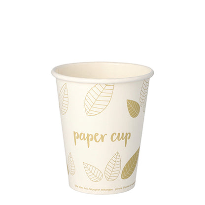 A PAPSTAR GmbH 50 drinking cups, cardboard "pure" "ZERO", white with gold leaf pattern and "paper cup" print, made from sustainable materials, stands upright against a white background.