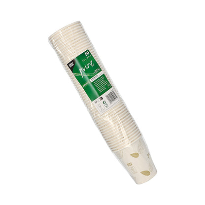 A pack of 50 "pure" ZERO paper cups from PAPSTAR GmbH in plastic packaging with green-white label, brand and product details; the biodegradable cups feature a simple leaf pattern.