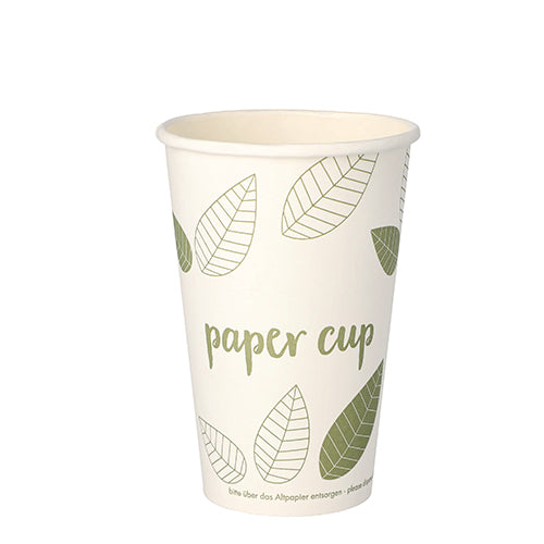 A PAPSTAR 50 drinking cups, cardboard "pure" "ZERO" paper cups from PAPSTAR GmbH is depicted on a plain white background with green leaf design and the text "Paper Cup" and made from sustainable materials.