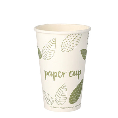 A PAPSTAR 50 drinking cups, cardboard "pure" "ZERO" paper cups from PAPSTAR GmbH is depicted on a plain white background with green leaf design and the text "Paper Cup" and made from sustainable materials.