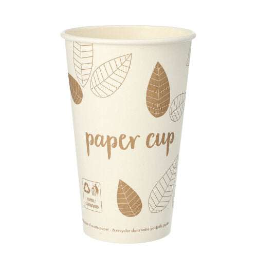 The PAPSTAR 50 drinking cups, cardboard "pure" "ZERO" from PAPSTAR GmbH is a white paper cup with a brown leaf motif, "Paper Cup" lettering and recycling symbols, made from biodegradable, sustainable materials.