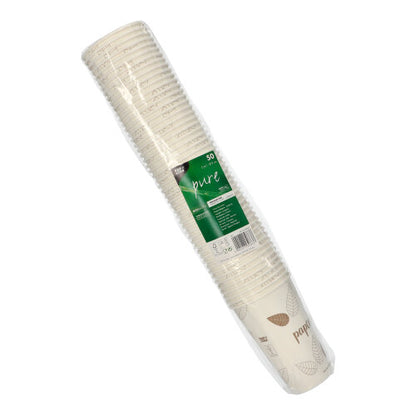 A stack of PAPSTAR "pure ZERO" cardboard drinking cups (50 pieces), white with leaf pattern, packed in clear foil and green label - made from sustainable, biodegradable materials by PAPSTAR GmbH.