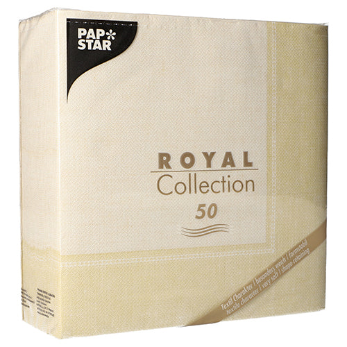 A pack of 50 PAPSTAR GmbH "ROYAL Collection" napkins, 40x40 cm, 1/4 folded, in the color champagne with elegant beige packaging and golden and black text.