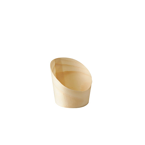 A single small PAPSTAR 50 snack cup made of wood "pure", 7.2 cm high, from PAPSTAR GmbH with a smooth surface on a white background.