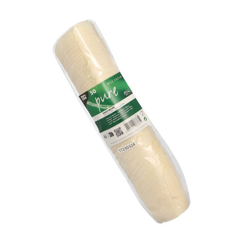 In a sealed plastic package from PAPSTAR GmbH are 50 cream-colored "pure" wood snack cups (7.2 cm high), cylindrically stacked and labeled green-white.