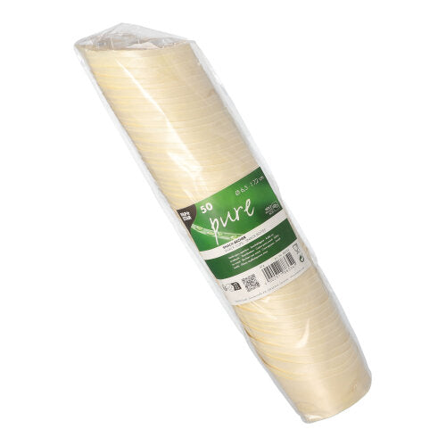 A pack of 50 PAPSTAR wood "pure" snack cups (7.2 cm high) from PAPSTAR GmbH, packaged in transparent foil with a green-white label – perfect for eco-friendly serving of snacks.