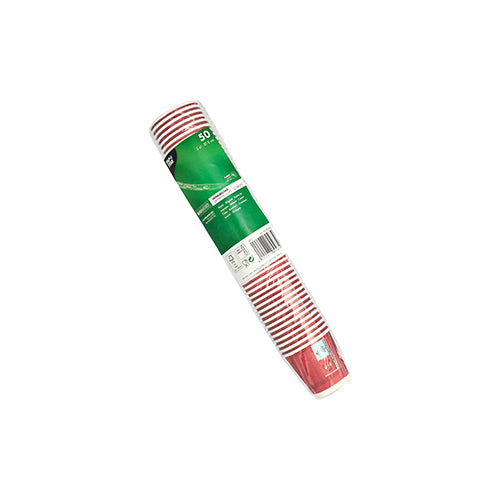Un paquete sellado con 50 vasos de papel rojos PAPSTAR "Party Time" (5 cl) de la PAPSTAR GmbH - vasos desechables perfectos para cualquier fiesta, aquí con una etiqueta verde sobre un fondo blanco.