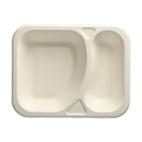 Una bandeja gastronómica de 100 sellos PAPSTAR rectangular, blanca, de dos partes, hecha de caña de azúcar compostable de PAPSTAR GmbH, representada desde arriba sobre un fondo blanco simple.