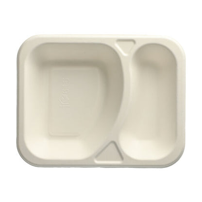 Una bandeja gastronómica de 100 sellos PAPSTAR rectangular, blanca, de dos partes, hecha de caña de azúcar compostable de PAPSTAR GmbH, representada desde arriba sobre un fondo blanco simple.