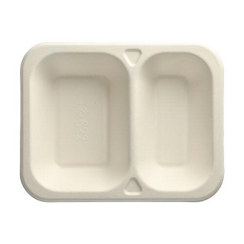 La bandeja rectangular blanca de 2 partes de PAPSTAR GmbH está hecha de caña de azúcar ecológica; ideal para eventos de catering y para llevar. Producto: PAPSTAR 100 bandejas de sellado, caña de azúcar 2-dividido, blanco.