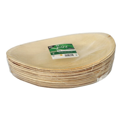 Ein Stapel PAPSTAR 25 Teller, Palmblatt „pure“ von PAPSTAR GmbH – oval, umweltfreundlich, biologisch abbaubar und in klarer Plastikverpackung mit grün-weißem Etikett.