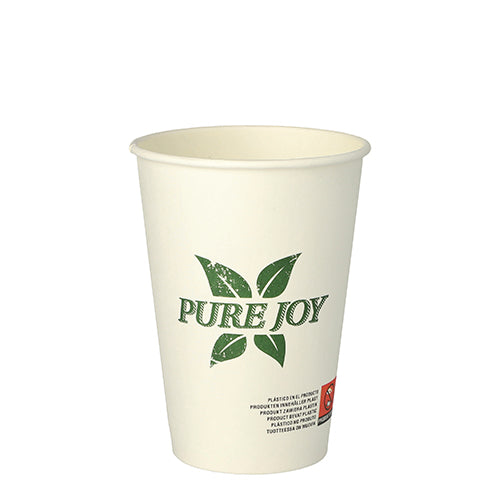 Un vaso de papel PAPSTAR blanco (0,25 l, Ø 8 cm, 10,8 cm de altura) con un motivo de hoja verde y el texto "Pura Alegría" así como un pequeño símbolo y bloque de texto en la parte inferior. Vendido en paquete de 50 por la PAPSTAR GmbH.