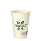 Un vaso de papel PAPSTAR blanco (0,25 l, Ø 8 cm, 10,8 cm de altura) con un motivo de hoja verde y el texto "Pura Alegría" así como un pequeño símbolo y bloque de texto en la parte inferior. Vendido en paquete de 50 por la PAPSTAR GmbH.