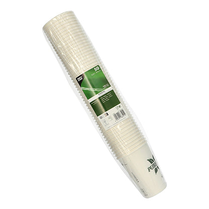 Un paquete de 50 vasos de papel blancos PAPSTAR Pure Joy (Ø 8 cm, 10,8 cm de altura) de la PAPSTAR GmbH, empaquetado en plástico transparente con una etiqueta verde y blanca con información del producto y marca.