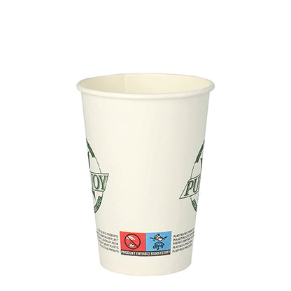 Un vaso desechable PAPSTAR "Pure Joy" blanco (Ø 8 cm, 10,8 cm de altura) con texto/logo verde y pequeños pictogramas rojos y azules cerca de la base está representado sobre un fondo blanco liso. Paquete de 50 piezas de PAPSTAR GmbH.