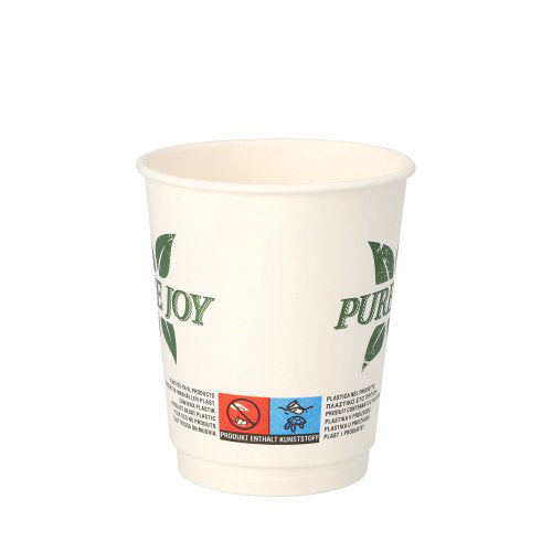 Ein doppelwandiger PAPSTAR Papp-Trinkbecher (0,2 l, Ø 8cm, H 9cm) in Weiß mit grünen Blättern und "Pure Joy"-Aufdruck. Umweltfreundliches, mehrfarbiges Infoetikett am unteren Rand. Verpackung enthält 20 Stück.