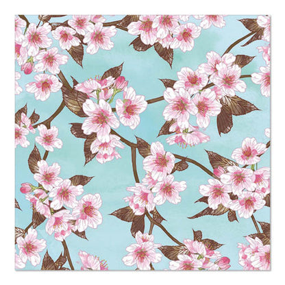 PAPSTAR GmbH 20 servietter, 33 cm x 33 cm, 3-lags (design sett 5), viser rosa kirsebærblomster med brune grener og blader på lyseblå bakgrunn, som er fullt trykt på servietten.