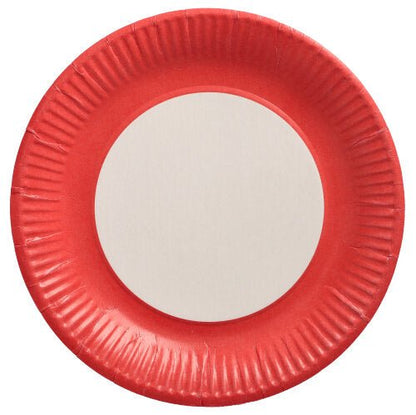 El PAPSTAR 20 platos, cartón redondo Ø 23 cm de la PAPSTAR GmbH es un sencillo plato de cartón redondo con borde rojo y centro blanco, que gracias a su diseño simple y sin patrones es ideal para eventos. Visto desde arriba, parece sencillo y clásico.