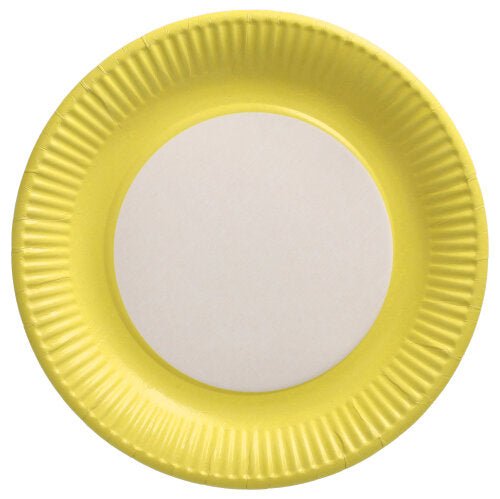 Los 20 platos de la PAPSTAR GmbH son platos redondos de cartón amarillo con centro blanco y 23 cm de diámetro, mostrados desde arriba sobre un sencillo fondo blanco, ideales para eventos.