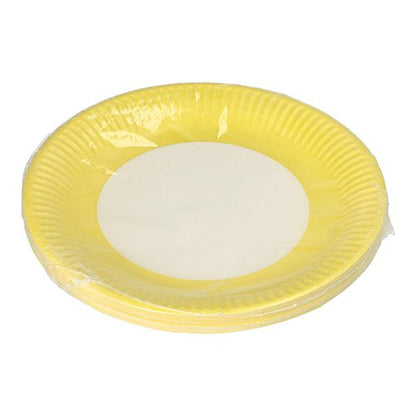 PAPSTAR GmbH 20 platos redondos de cartón Ø 23 cm, amarillo con centro blanco, empaquetados en una lámina transparente, ideales para eventos y celebraciones.
