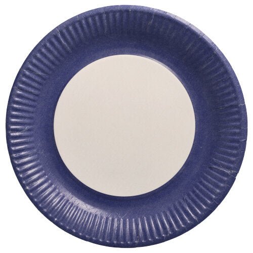 El 20 platos, cartón redondo Ø 23 cm de la PAPSTAR GmbH tiene un centro blanco con borde azul oscuro, mostrado desde arriba sobre un fondo blanco, ideal para eventos.