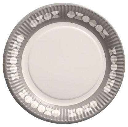 The 10-pack plate from PAPSTAR GmbH, round cardboard Ø 23 cm, has a gray border with white circles and triangles and a white center. This unused disposable plate is ideal for parties and events and was photographed from above.