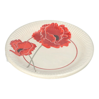 A stack of PAPSTAR 10 plates, paper round Ø 23 cm from PAPSTAR GmbH with two large red flowers and a thin red circle - ideal for parties and events.