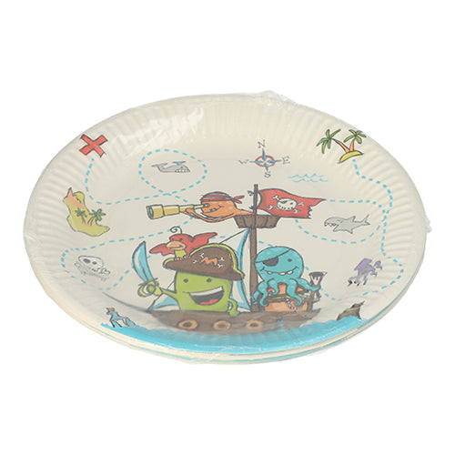The PAPSTAR 10 paper plates, round Ø 23 cm from PAPSTAR GmbH, feature colorful cartoon pirates and a sea monster on a pirate ship with a treasure map and island in the background - ideal for themed parties and events.