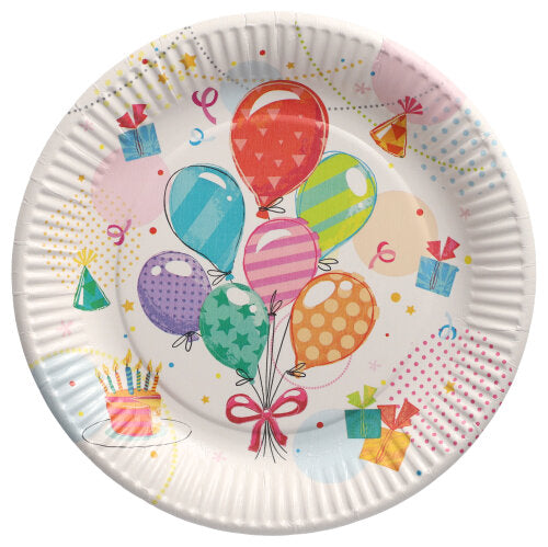The PAPSTAR 10 plates, round cardboard Ø 23 cm from PAPSTAR GmbH are made of sturdy cardboard with balloon, gift box, and confetti motif on a white background – ideal for parties and events.