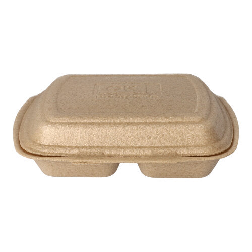 Eine geschlossene, rechteckige Starpak 50 Menüboxen mit Klappdeckel (XPP, 7x20,5x24 cm, beige), ideal für den umweltfreundlichen Speisentransport, aus geformter Faser gefertigt und auf weißem Hintergrund abgebildet.