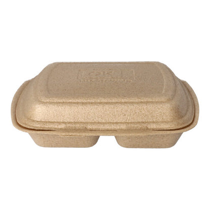 Eine geschlossene, rechteckige Starpak 50 Menüboxen mit Klappdeckel (XPP, 7x20,5x24 cm, beige), ideal für den umweltfreundlichen Speisentransport, aus geformter Faser gefertigt und auf weißem Hintergrund abgebildet.