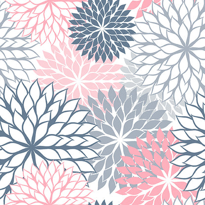 Die 20 Servietten der PAPSTAR GmbH im Format 40 cm x 40 cm im 3-lagigen 1/4-Falz weisen ein nahtloses Muster mit großen, überlappenden rosa, marineblauen und hellgrauen Blumenmotiven auf Weiß mit spitzen Blütenblättern in einem stilvollen, sich wiederholenden Layout auf.