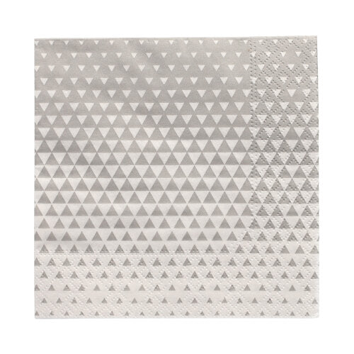 Las PAPSTAR 20 servilletas (25x25 cm, 3 capas, 1/4 pliegue) de la PAPSTAR GmbH tienen un diseño cuadrado gris con triángulos blancos y un borde texturizado, ideal para la decoración de mesas.
