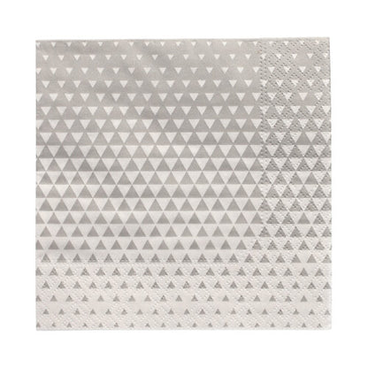 Las PAPSTAR 20 servilletas (25x25 cm, 3 capas, 1/4 pliegue) de la PAPSTAR GmbH tienen un diseño cuadrado gris con triángulos blancos y un borde texturizado, ideal para la decoración de mesas.