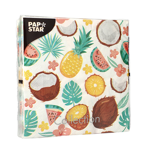 PAPSTAR GmbH 20 servietter, 33x33 cm, 3-lags, design sett 5: Fargerike tropiske motiver med ananas, kokosnøtter, vannmelon, blomster og grønne blader på hvit bakgrunn.