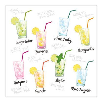 Illustrasjon av ni merkede cocktails i glass med garnityr og sugerør, satt mot PAPSTAR GmbH 20 servietter, 33 cm x 33 cm, 3-lags 1/4-fals design sett 5 - perfekt for stilfulle cocktailfester.