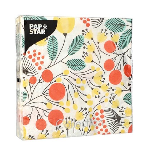 PAPSTAR GmbH 20 servietter, 33x33 cm, 3-lags, 1/4-fold, Design Set 1: botanisk bær- og bladmotiv med "PAPSTAR"-logo på svart etikett i øverste venstre hjørne.