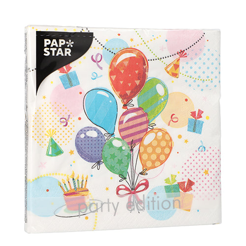 Eine Packung mit 20 PAPSTAR GmbH Servietten (33x33cm, 3-lagig, 1/4-Falz), Design Set 4 mit festlichen Luftballons, Geschenken, Partyhüten, Konfetti und Geburtstagstortenmotiven. Mit dem "PAP STAR"-Logo.