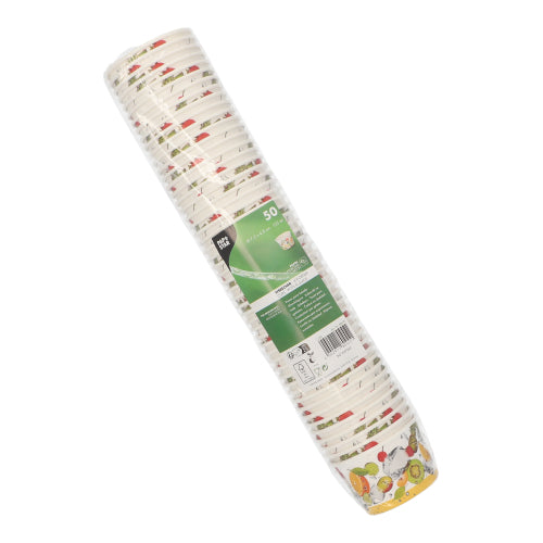 Un paquete de 50 PAPSTAR vasos de helado de cartón redondo de PAPSTAR GmbH envuelto en plástico. Los coloridos motivos de frutas y verduras en el borde inferior los hacen perfectos para postres como vasos de helado.