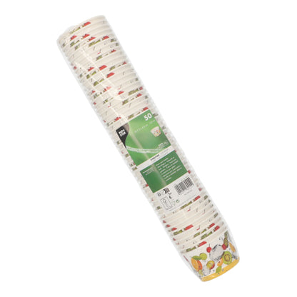 Un paquete de 50 PAPSTAR vasos de helado de cartón redondo de PAPSTAR GmbH envuelto en plástico. Los coloridos motivos de frutas y verduras en el borde inferior los hacen perfectos para postres como vasos de helado.