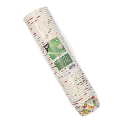 Los 50 vasos de helado "cartón redondo" de PAPSTAR GmbH se entregan en un empaque de plástico con etiqueta verde y muestran motivos ilustrados de verduras - perfectos recipientes de cartón desechables para postres o como vasos de helado en su próxima reunión.